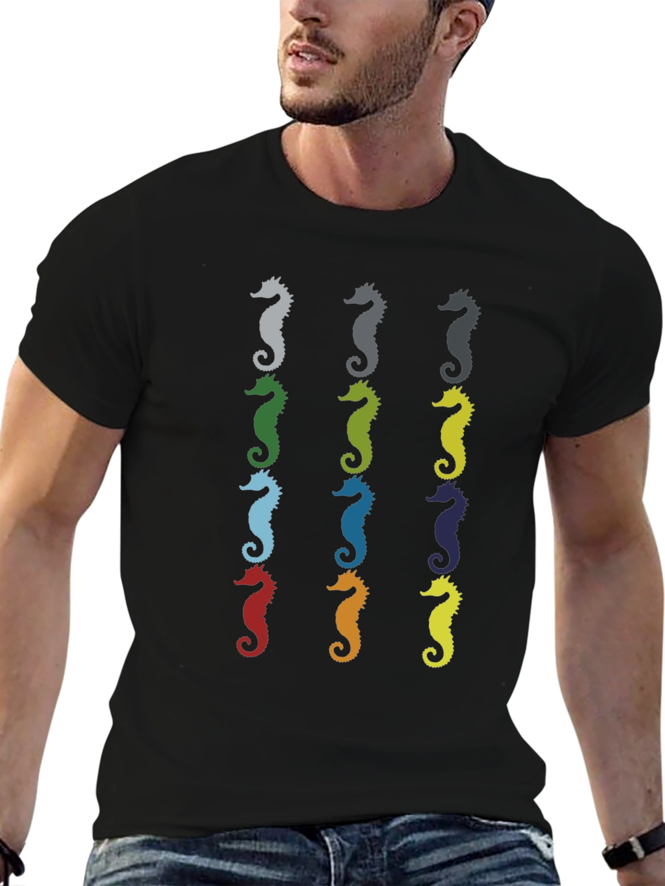 Seahorse Pattern Mens Black T-Shirt