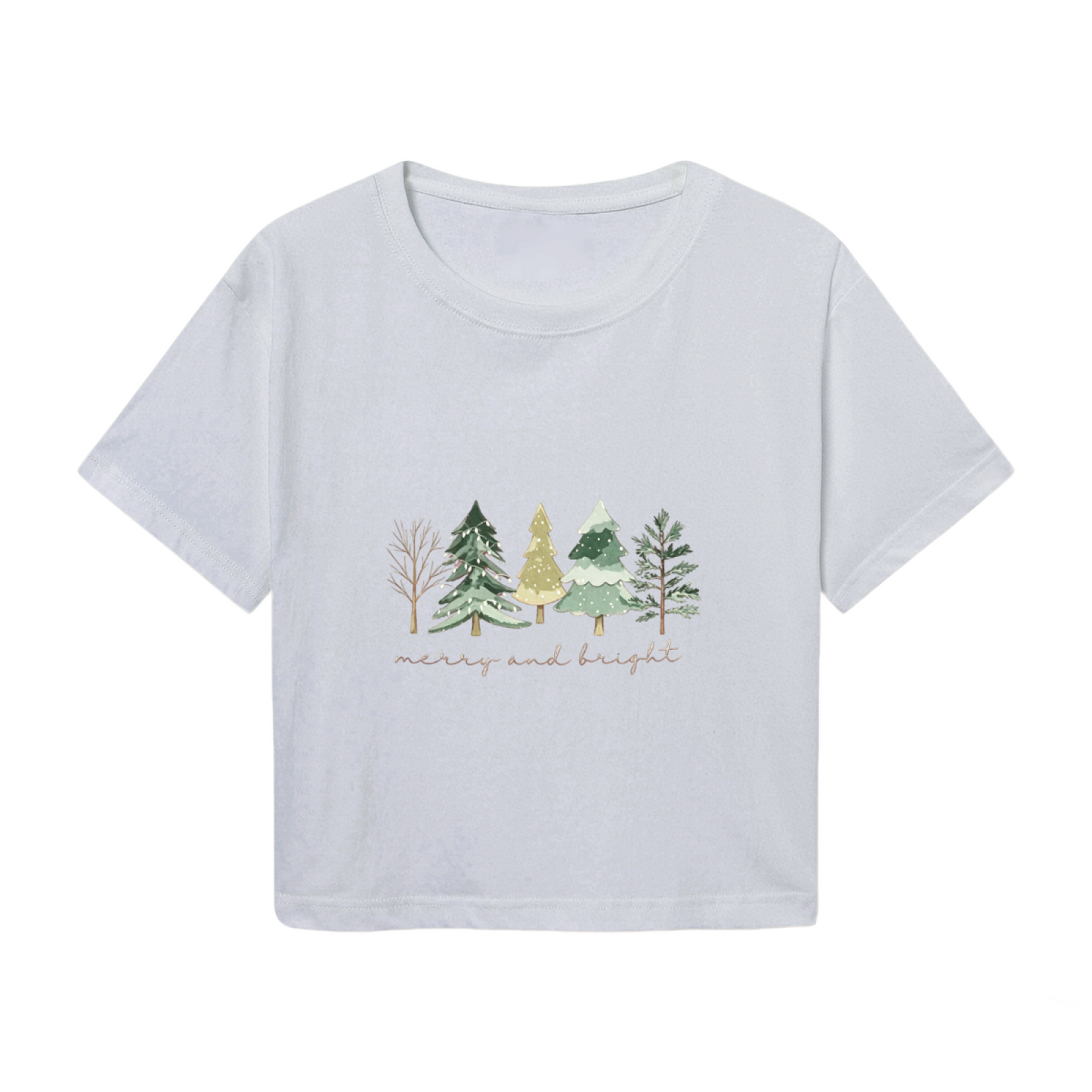 Merry And Bright Watercolor Pine Tree Winter Xmas Crop Top