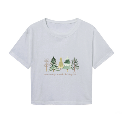 Merry And Bright Watercolor Pine Tree Winter Xmas Crop Top