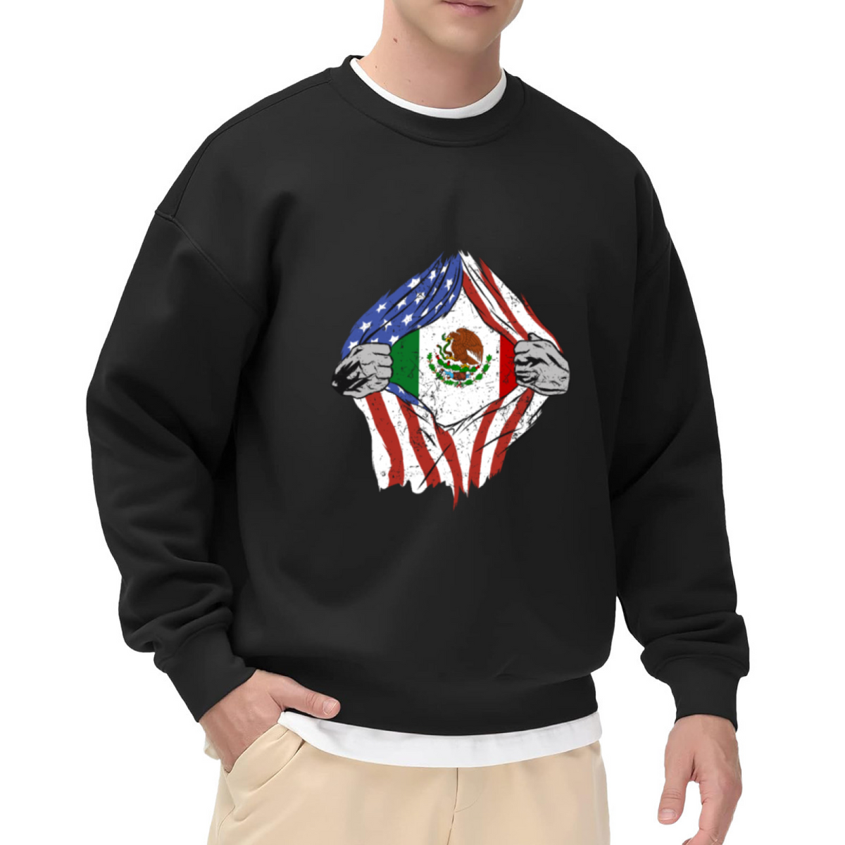 US Mexico Flag Torn Crewneck Sweatshirt - Cultural Heritage Dual Identity Pullover