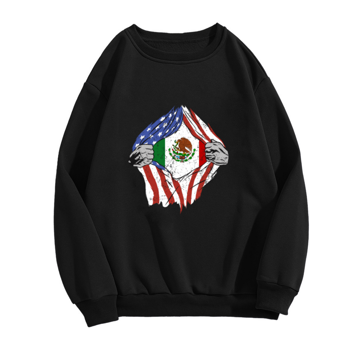 US Mexico Flag Torn Crewneck Sweatshirt - Cultural Heritage Dual Identity Pullover