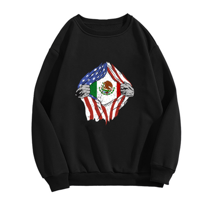 US Mexico Flag Torn Crewneck Sweatshirt - Cultural Heritage Dual Identity Pullover