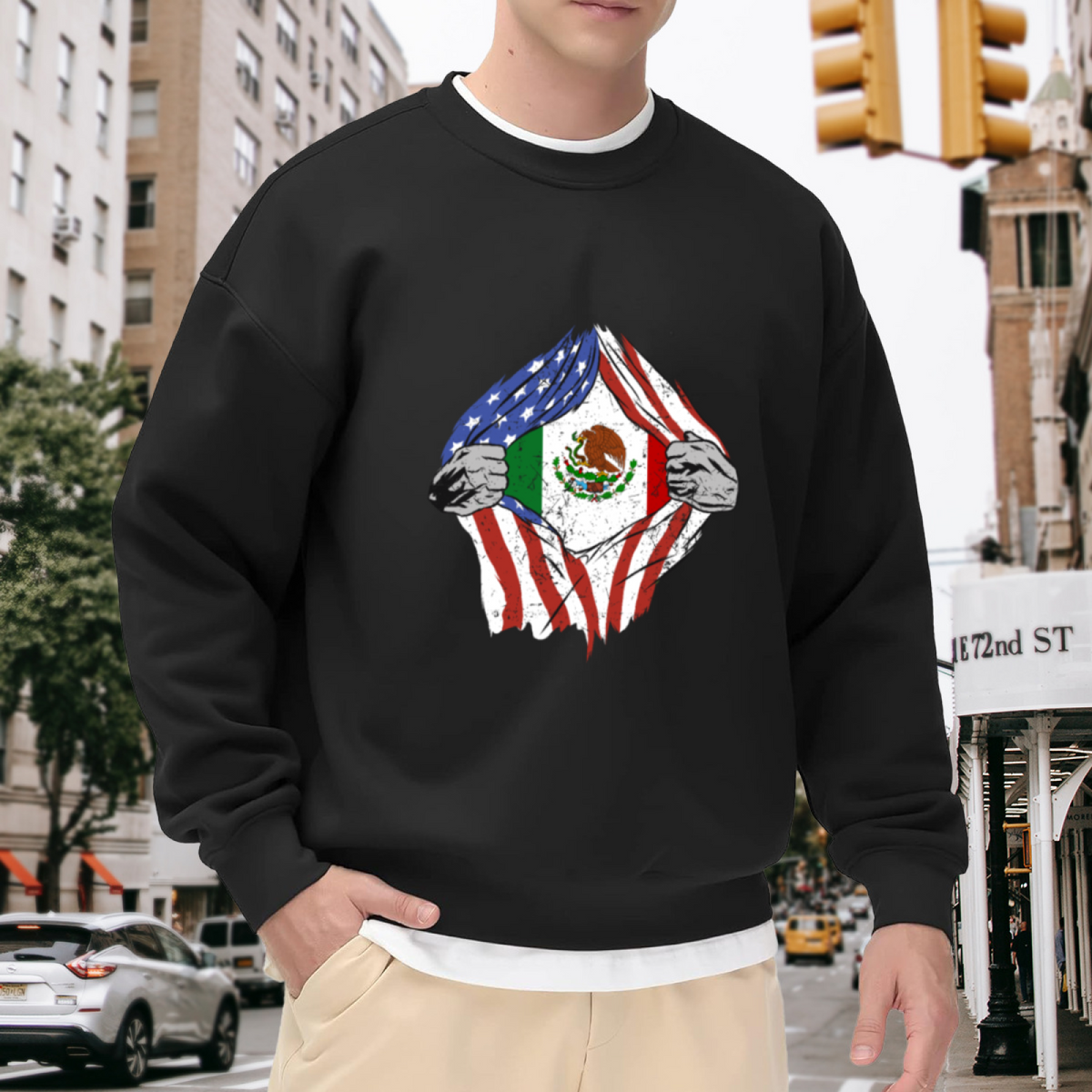 US Mexico Flag Torn Crewneck Sweatshirt - Cultural Heritage Dual Identity Pullover