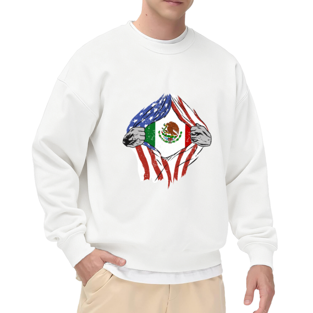 US Mexico Flag Torn Crewneck Sweatshirt - Cultural Heritage Dual Identity Pullover
