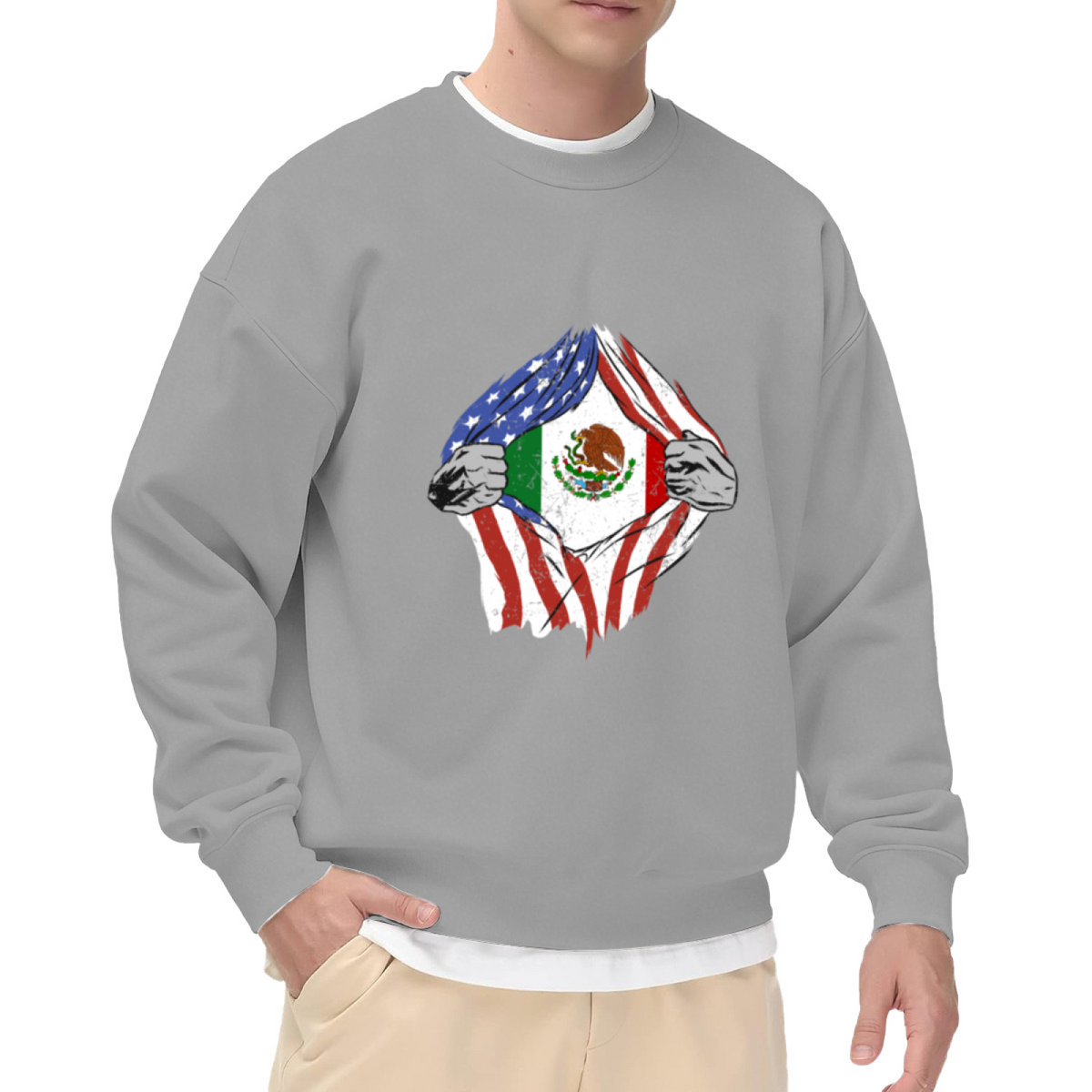 US Mexico Flag Torn Crewneck Sweatshirt - Cultural Heritage Dual Identity Pullover