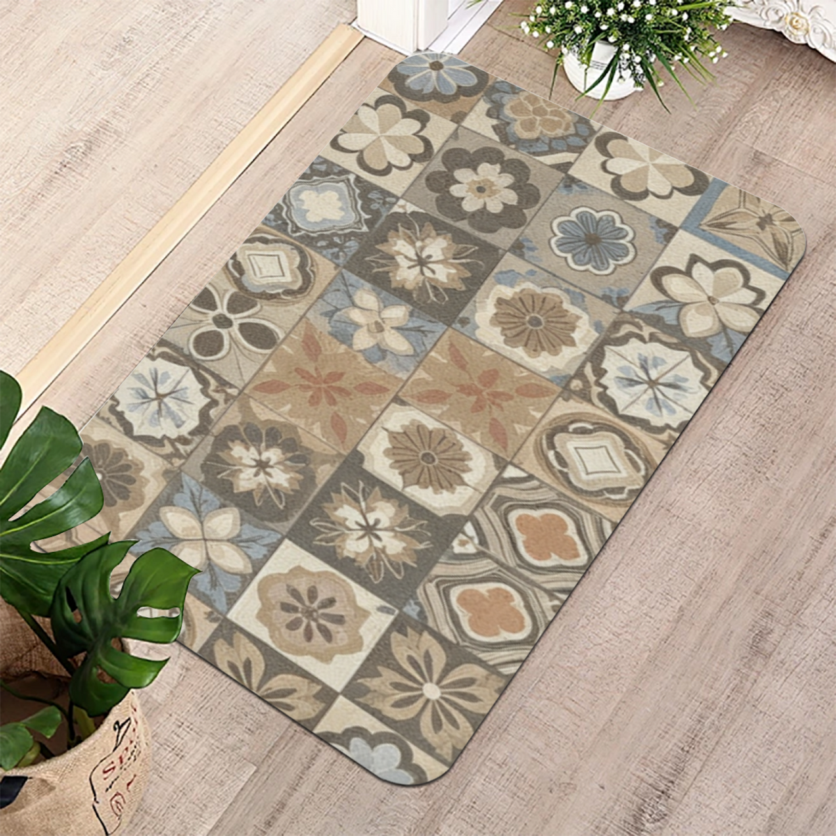 Morandi Vintage Tile Diatomite Mat£üMorandi Vintage Floral Tile Diatomite Mat, Art Style Quick?Dry Absorbent Non?Slip Bathroom Floor Mat