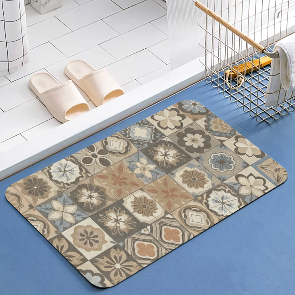 Morandi Vintage Tile Diatomite Mat£üMorandi Vintage Floral Tile Diatomite Mat, Art Style Quick?Dry Absorbent Non?Slip Bathroom Floor Mat