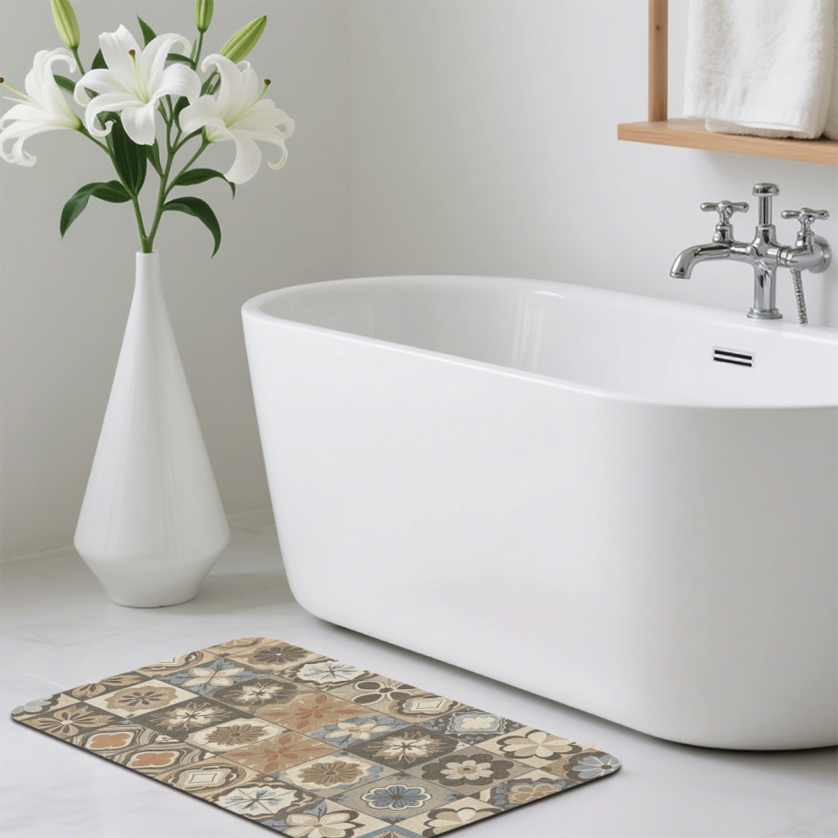 Morandi Vintage Tile Diatomite Mat£üMorandi Vintage Floral Tile Diatomite Mat, Art Style Quick?Dry Absorbent Non?Slip Bathroom Floor Mat