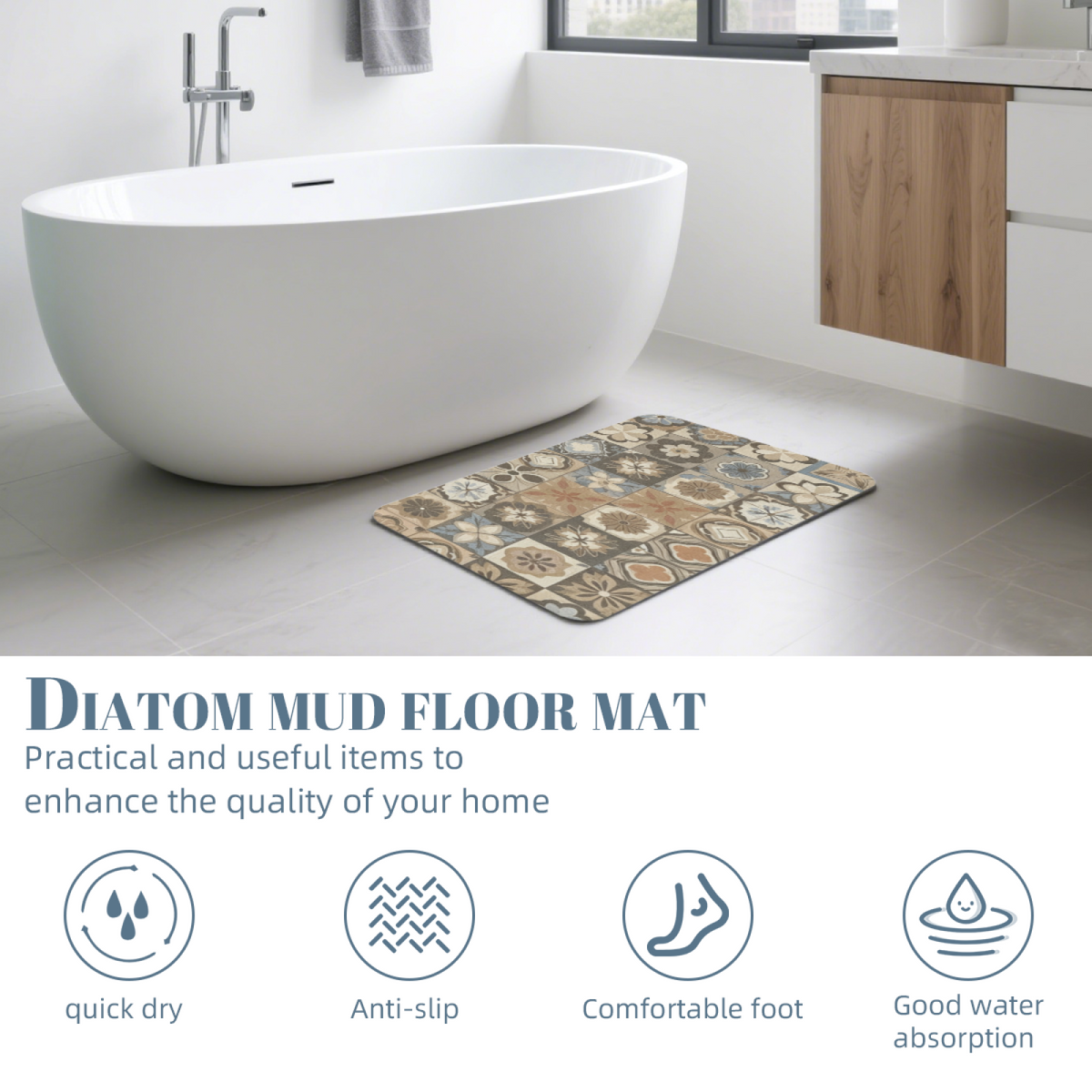 Morandi Vintage Tile Diatomite Mat£üMorandi Vintage Floral Tile Diatomite Mat, Art Style Quick?Dry Absorbent Non?Slip Bathroom Floor Mat