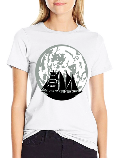 Sailboat Moon Graphic Tee - Black Cotton Shirt
