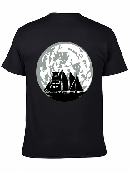 Sailboat Moon Graphic Tee - Black Cotton Shirt