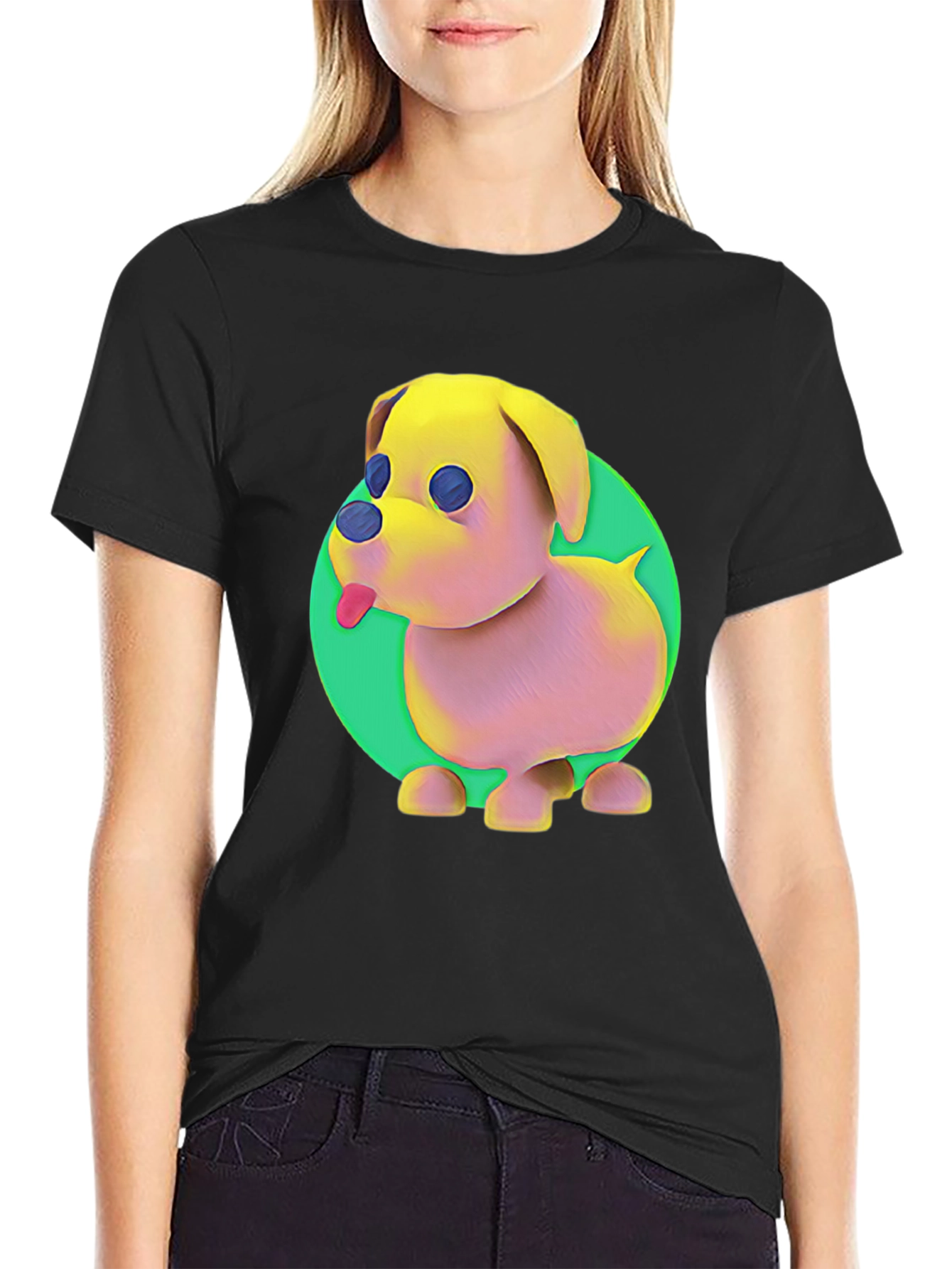 Cartoon Dog Graphic Tee - Black