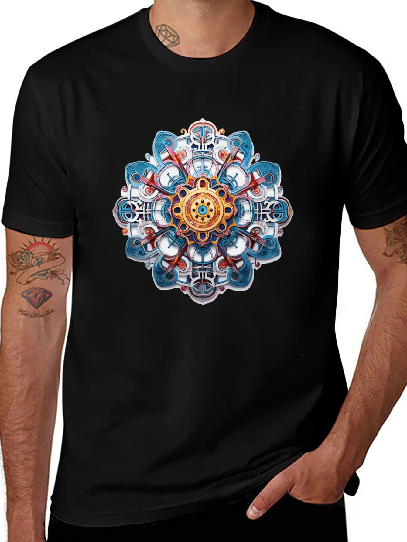 Abstract Mandala Graphic Print Black T-Shirt