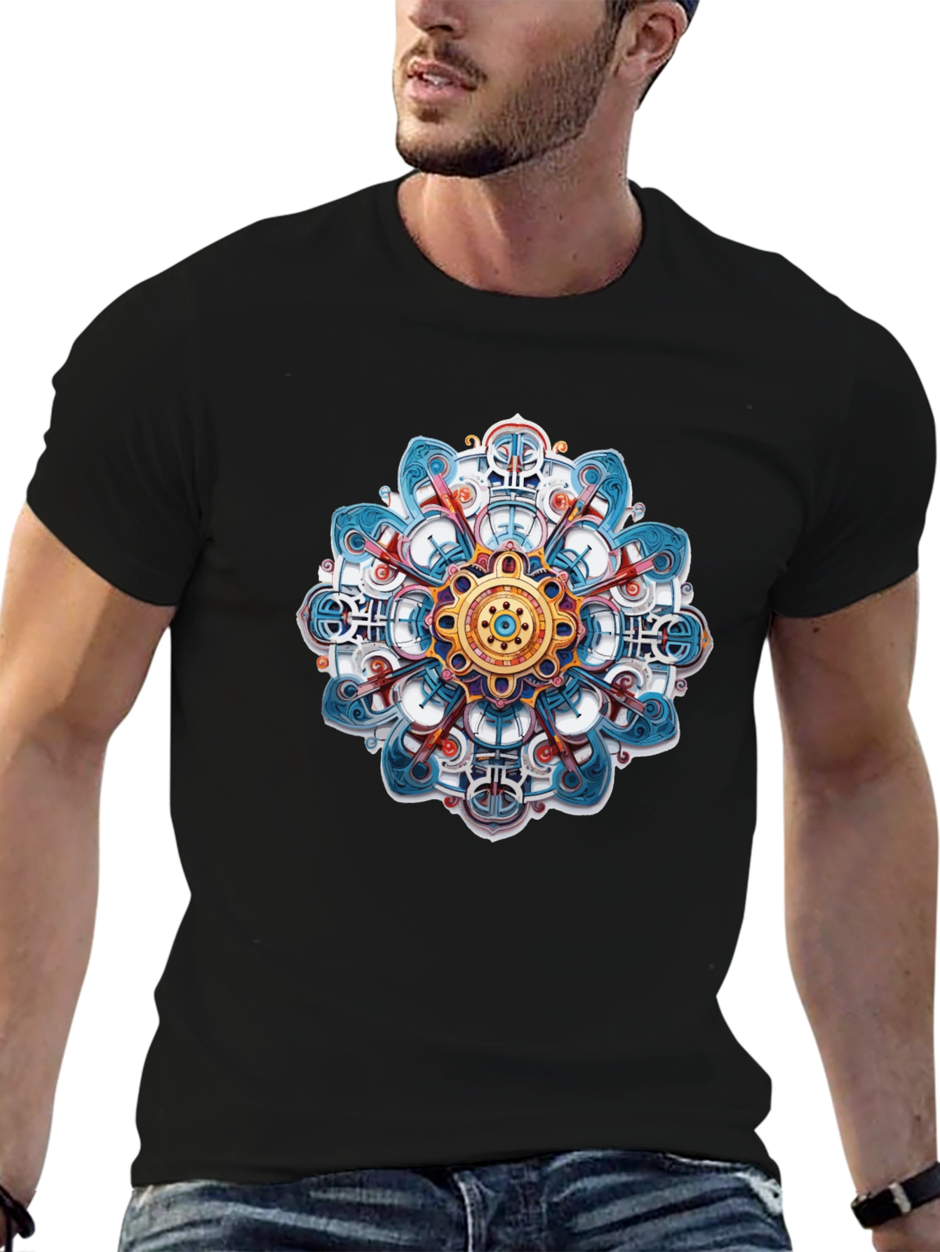 Abstract Mandala Graphic Print Black T-Shirt
