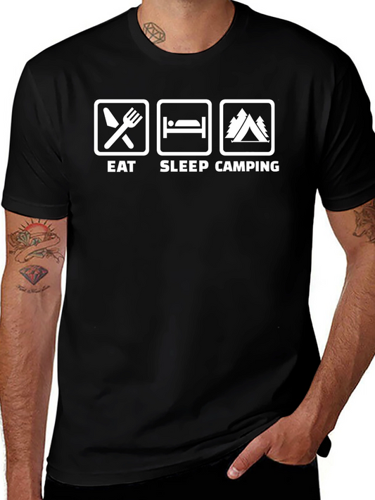 Eat Sleep Camping Graphic T-Shirt Black Cotton Blend Relaxed Fit