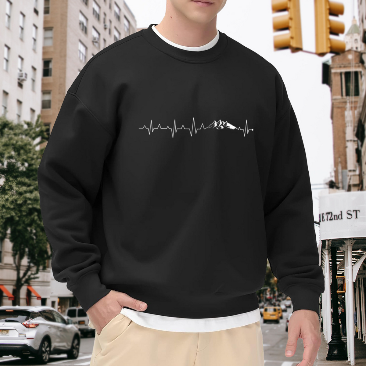Mountain Heartbeat Sweatshirt - Minimalist ECG Mountain Line Crewneck, Hiker Nature Pulse Pullover, Adventure Line Art Gift Sweatshirt