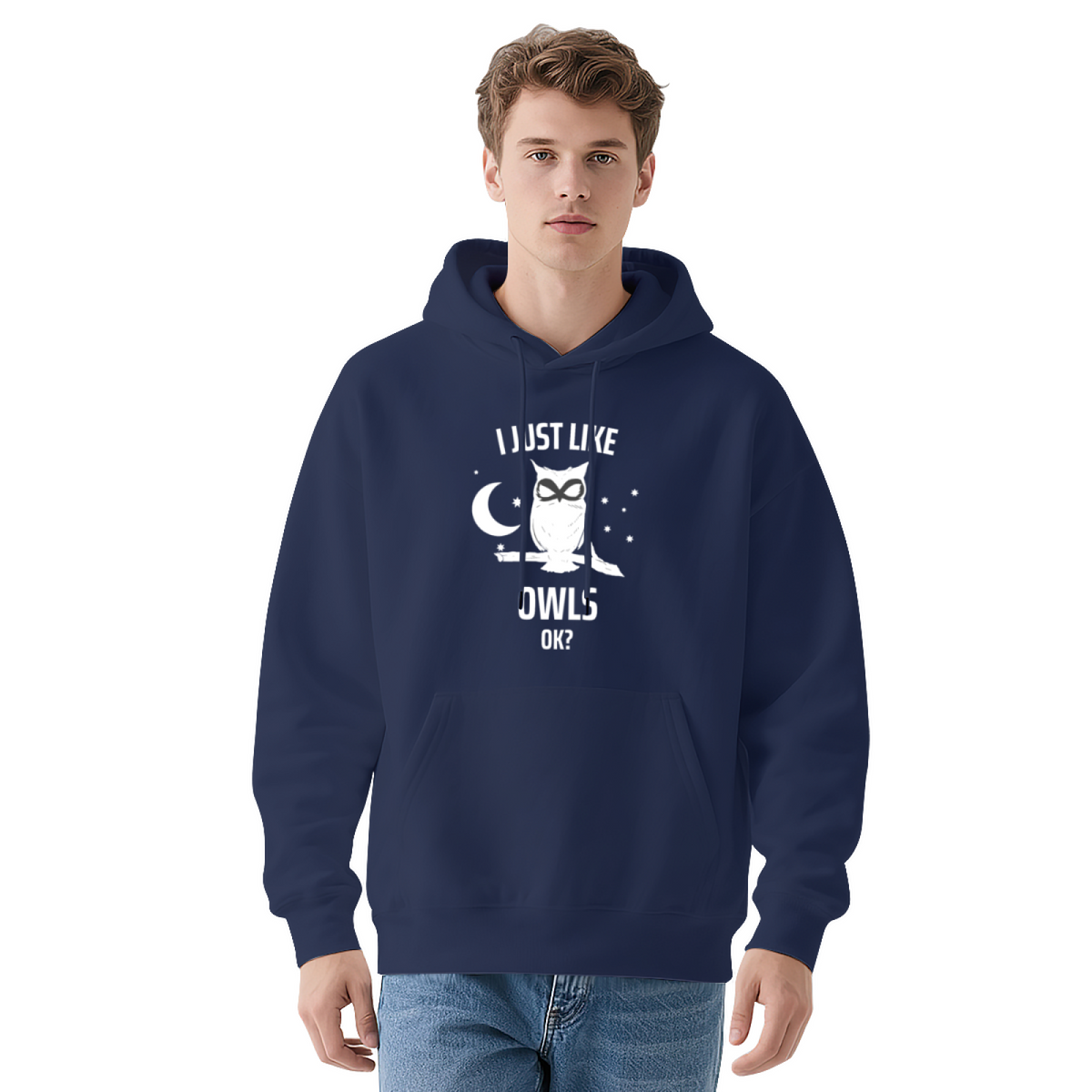 Funny Owl Hoodie with Moon & Stars Text