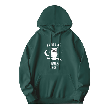 Funny Owl Hoodie with Moon & Stars Text
