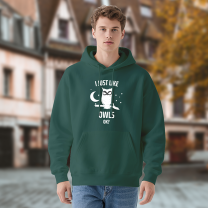Funny Owl Hoodie with Moon & Stars Text