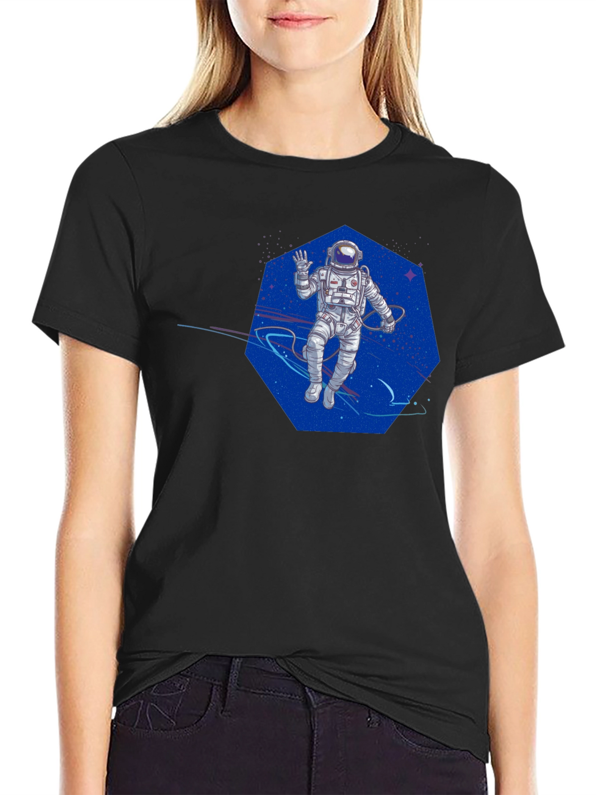 Astronaut in Space T-Shirt - Black Crew Neck