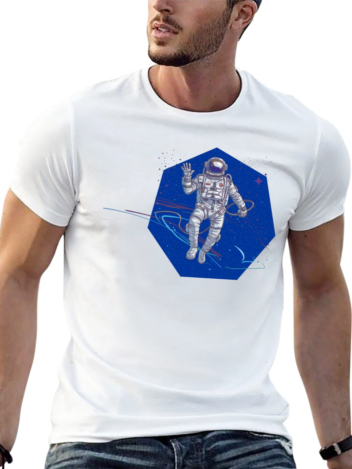Astronaut in Space T-Shirt - Black Crew Neck