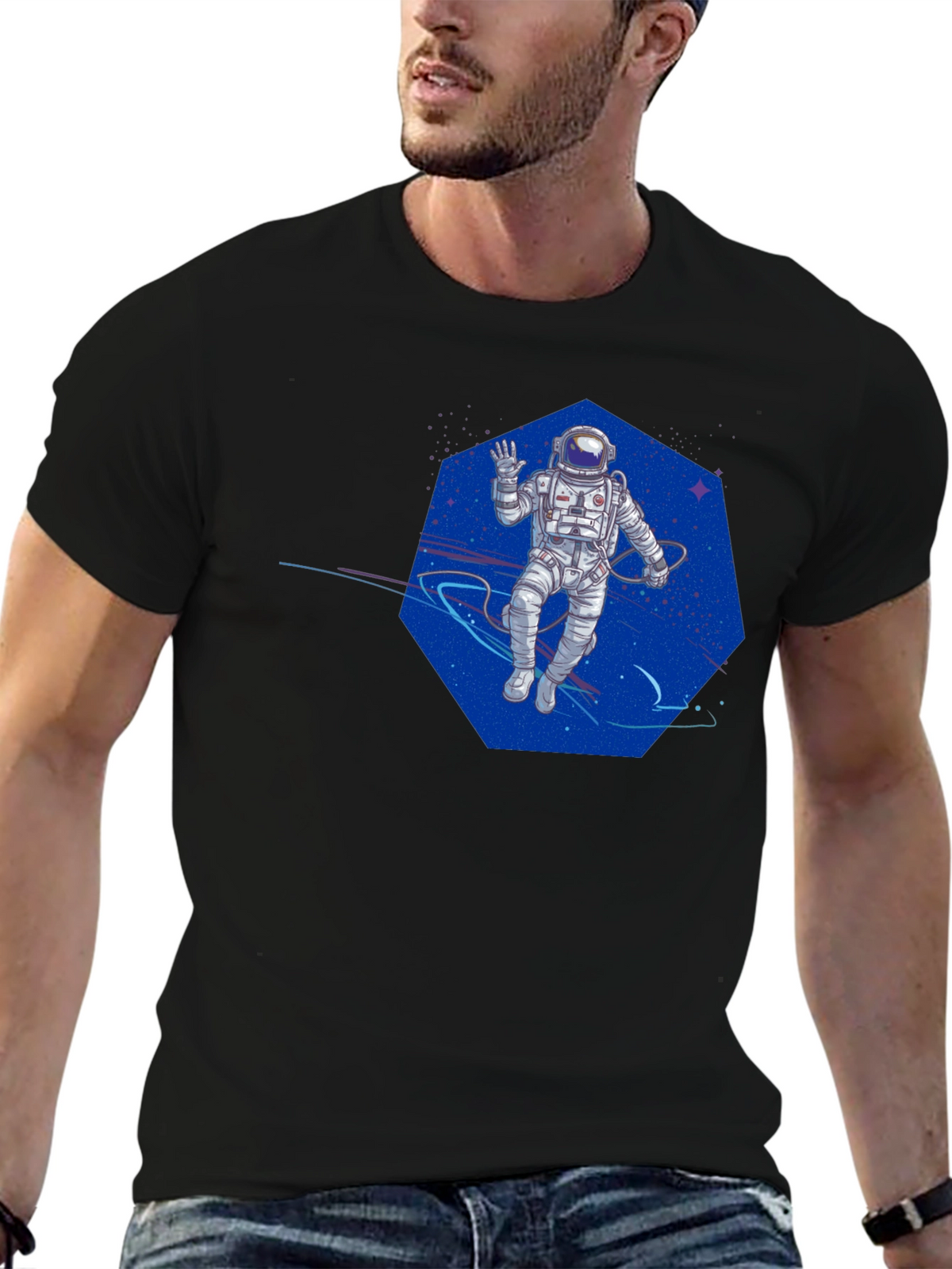 Astronaut in Space T-Shirt - Black Crew Neck