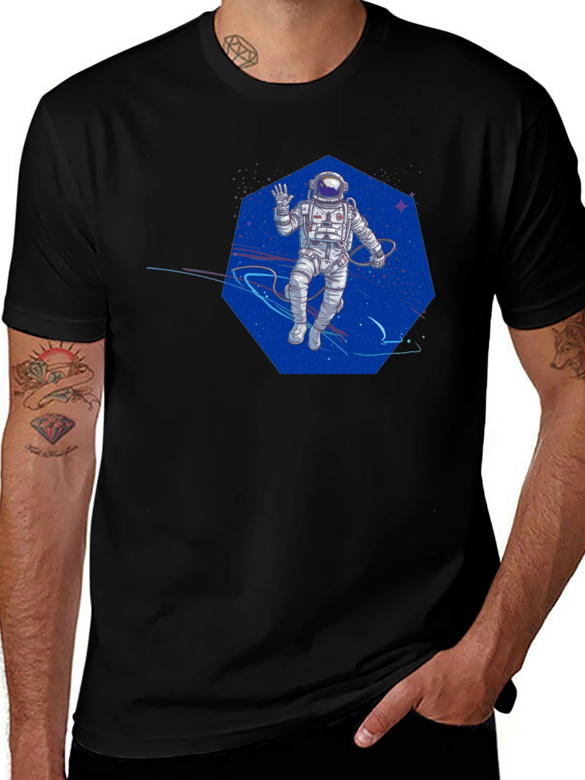 Astronaut in Space T-Shirt - Black Crew Neck