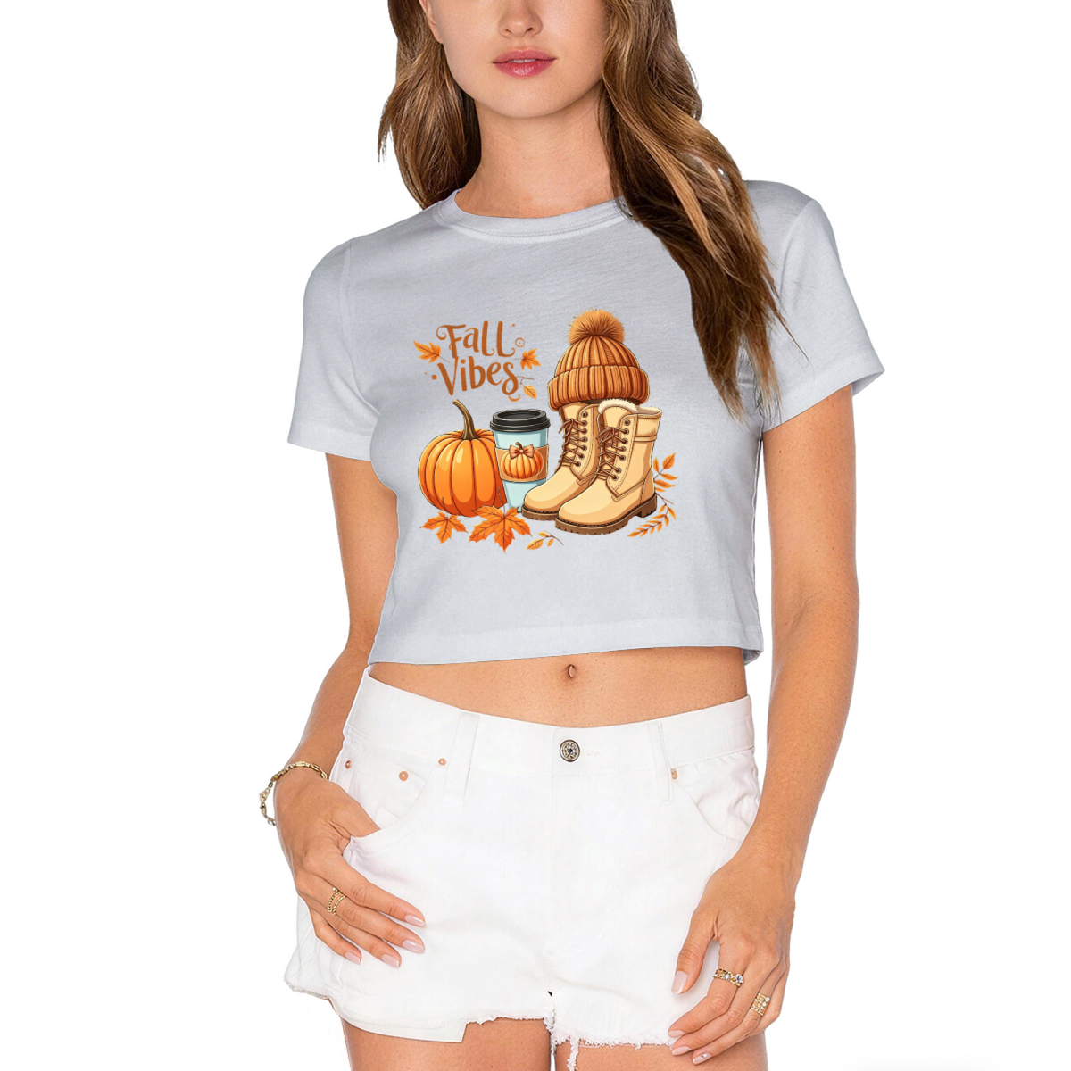 Fall Vibes Pumpkin Boots Coffee Autumn Season Cropped Tee