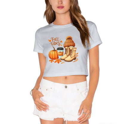 Fall Vibes Pumpkin Boots Coffee Autumn Season Cropped Tee