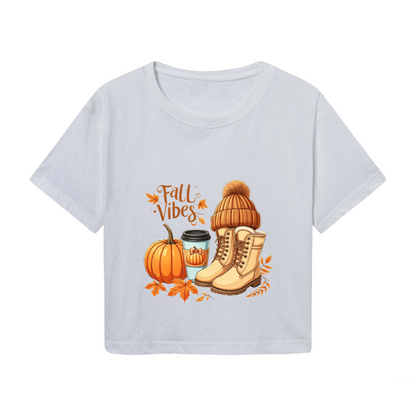 Fall Vibes Pumpkin Boots Coffee Autumn Season Cropped Tee