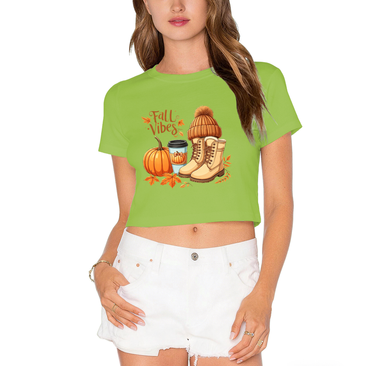 Fall Vibes Pumpkin Boots Coffee Autumn Season Cropped Tee