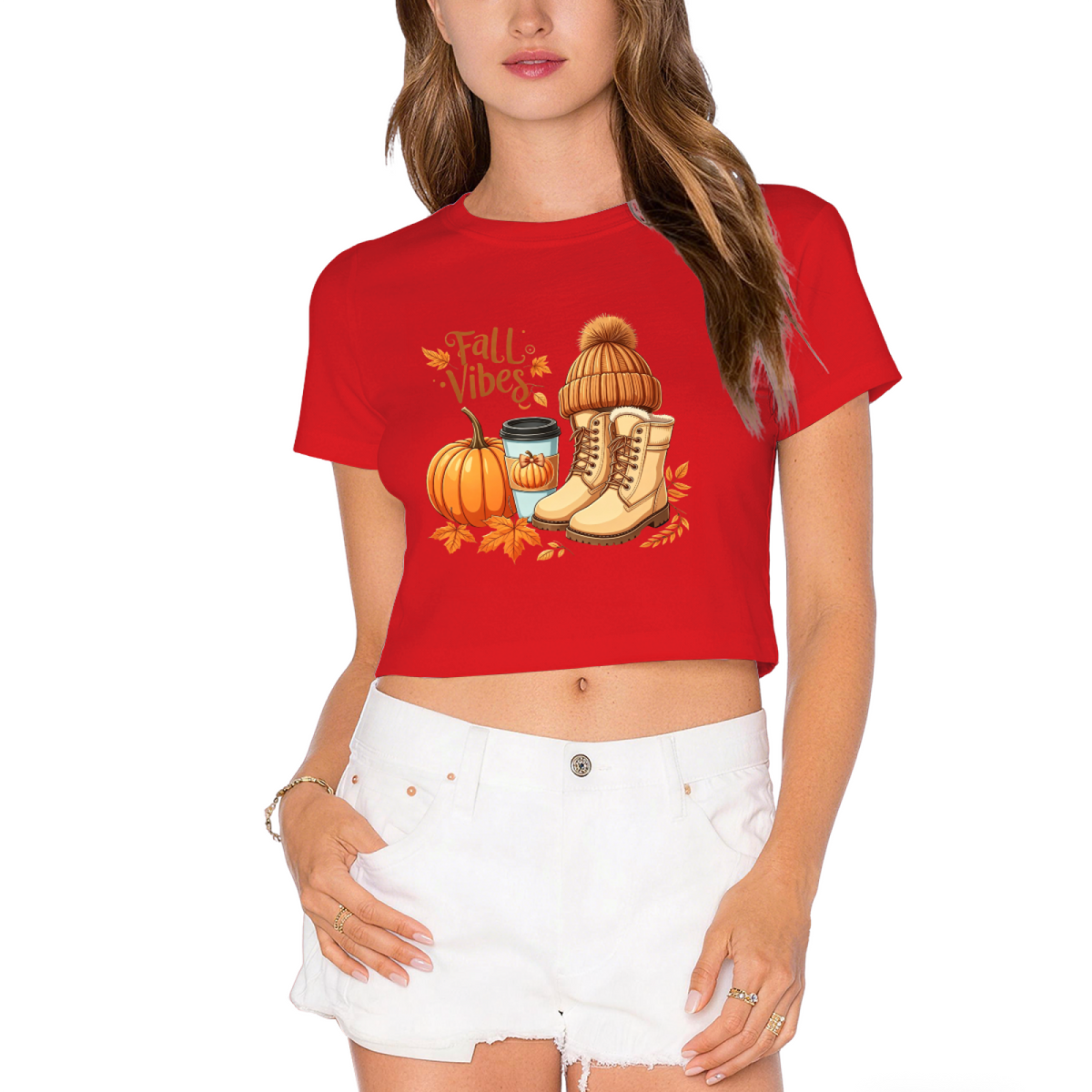 Fall Vibes Pumpkin Boots Coffee Autumn Season Cropped Tee