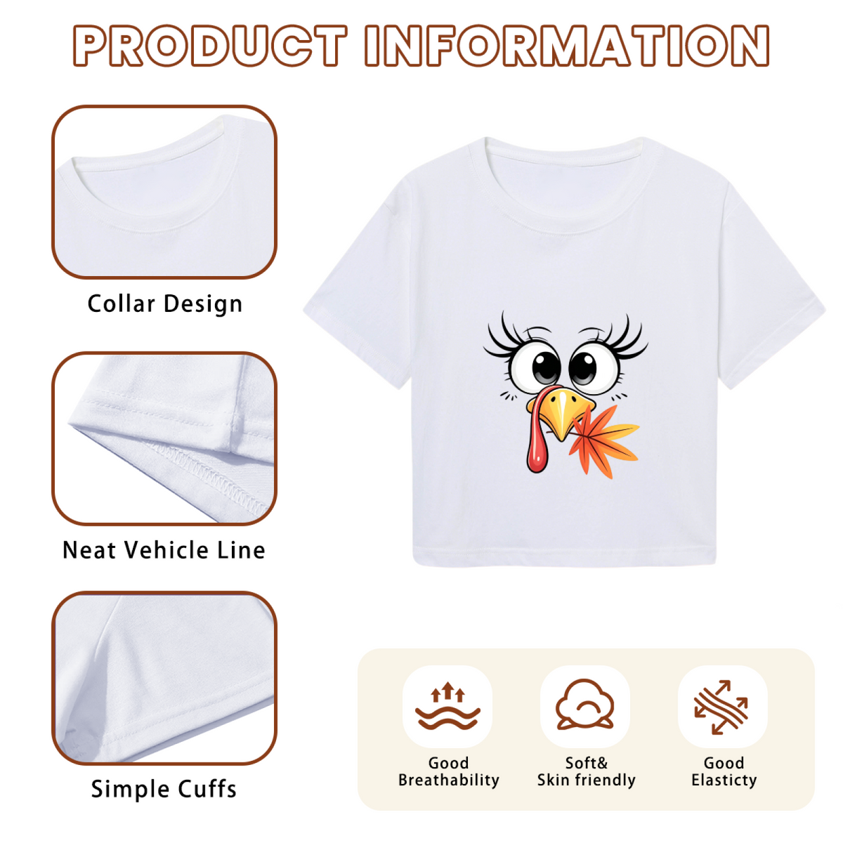 Cute Girly Thanksgiving Turkey Face Cropped Tee