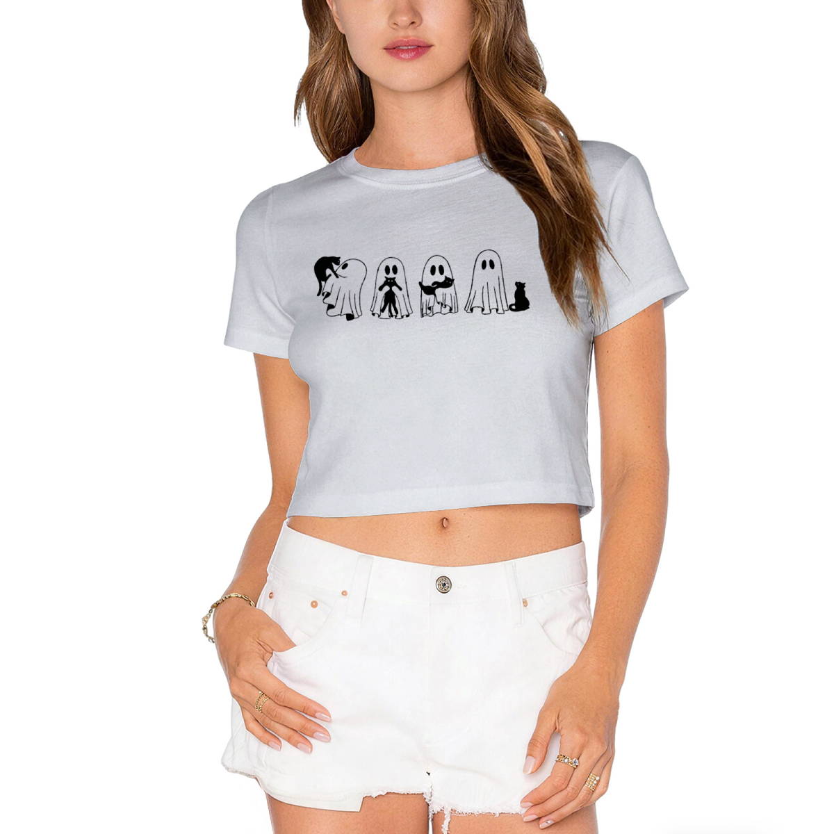 Cute Ghosts Playing With Black Cats Halloween Cropped T?Shirt
