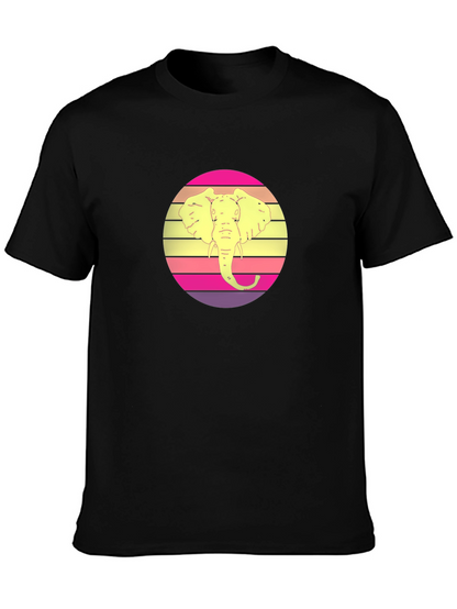 Retro Elephant Sunset Graphic Tee - Black Cotton