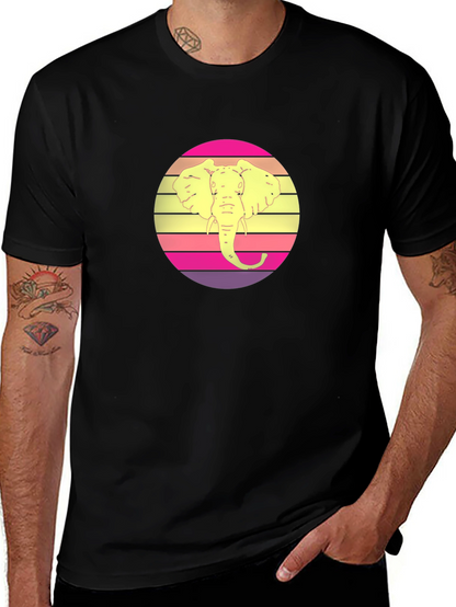 Retro Elephant Sunset Graphic Tee - Black Cotton