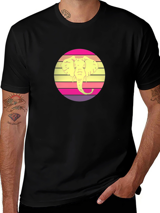Retro Elephant Sunset Graphic Tee - Black Cotton