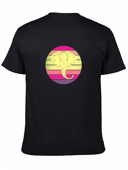 Retro Elephant Sunset Graphic Tee - Black Cotton