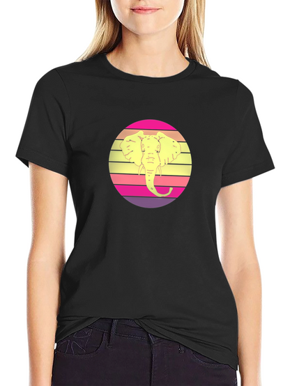 Retro Elephant Sunset Graphic Tee - Black Cotton