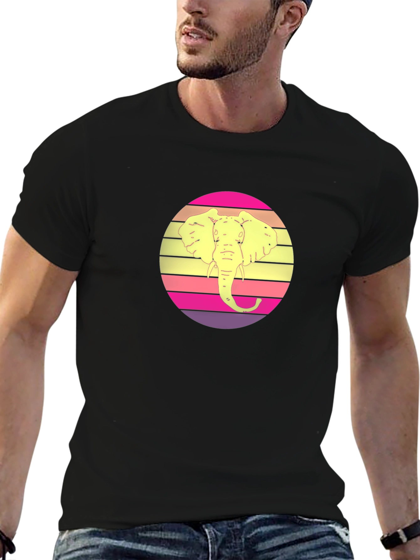 Retro Elephant Sunset Graphic Tee - Black Cotton