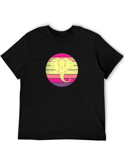 Retro Elephant Sunset Graphic Tee - Black Cotton