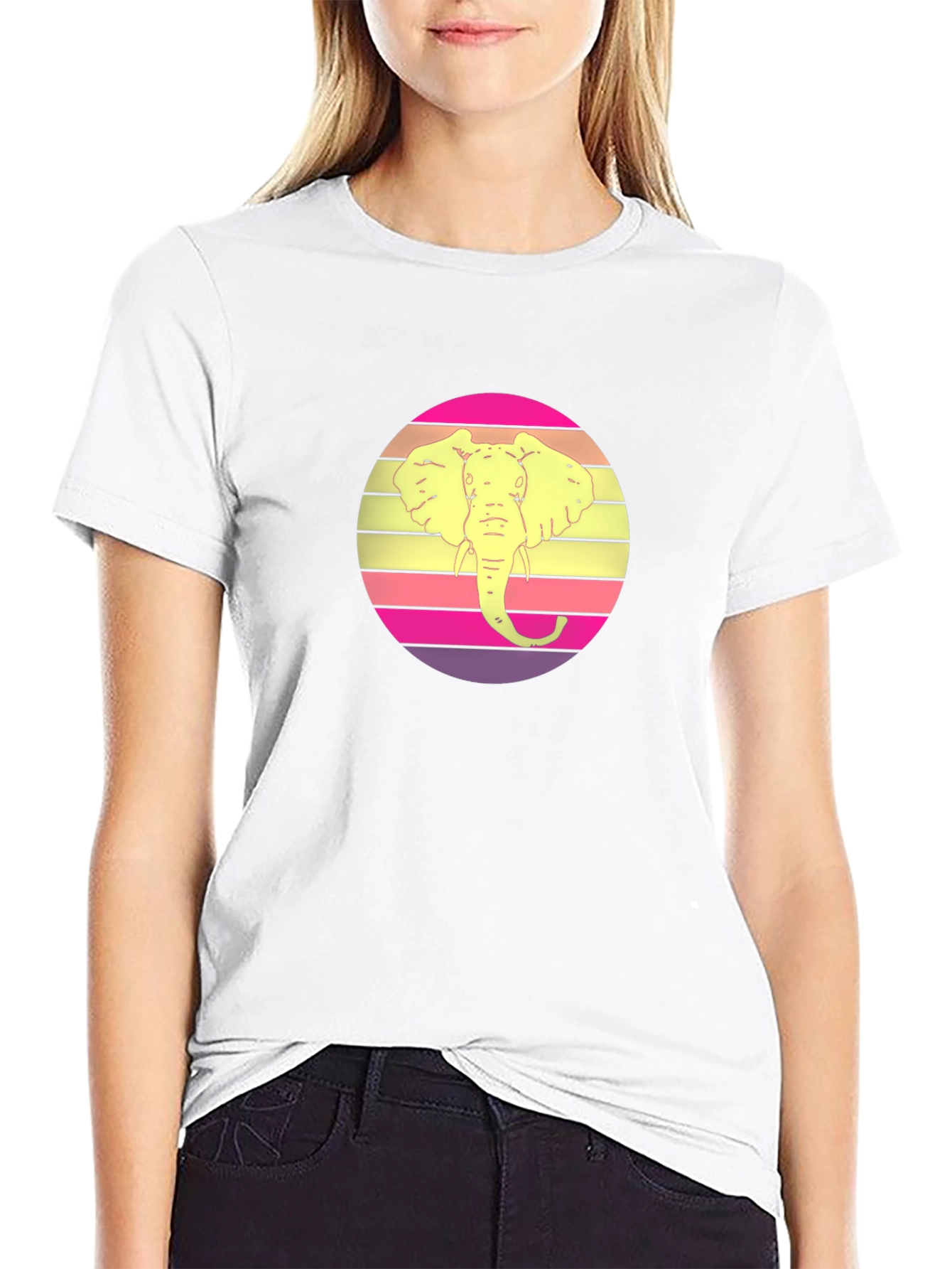 Retro Elephant Sunset Graphic Tee - Black Cotton