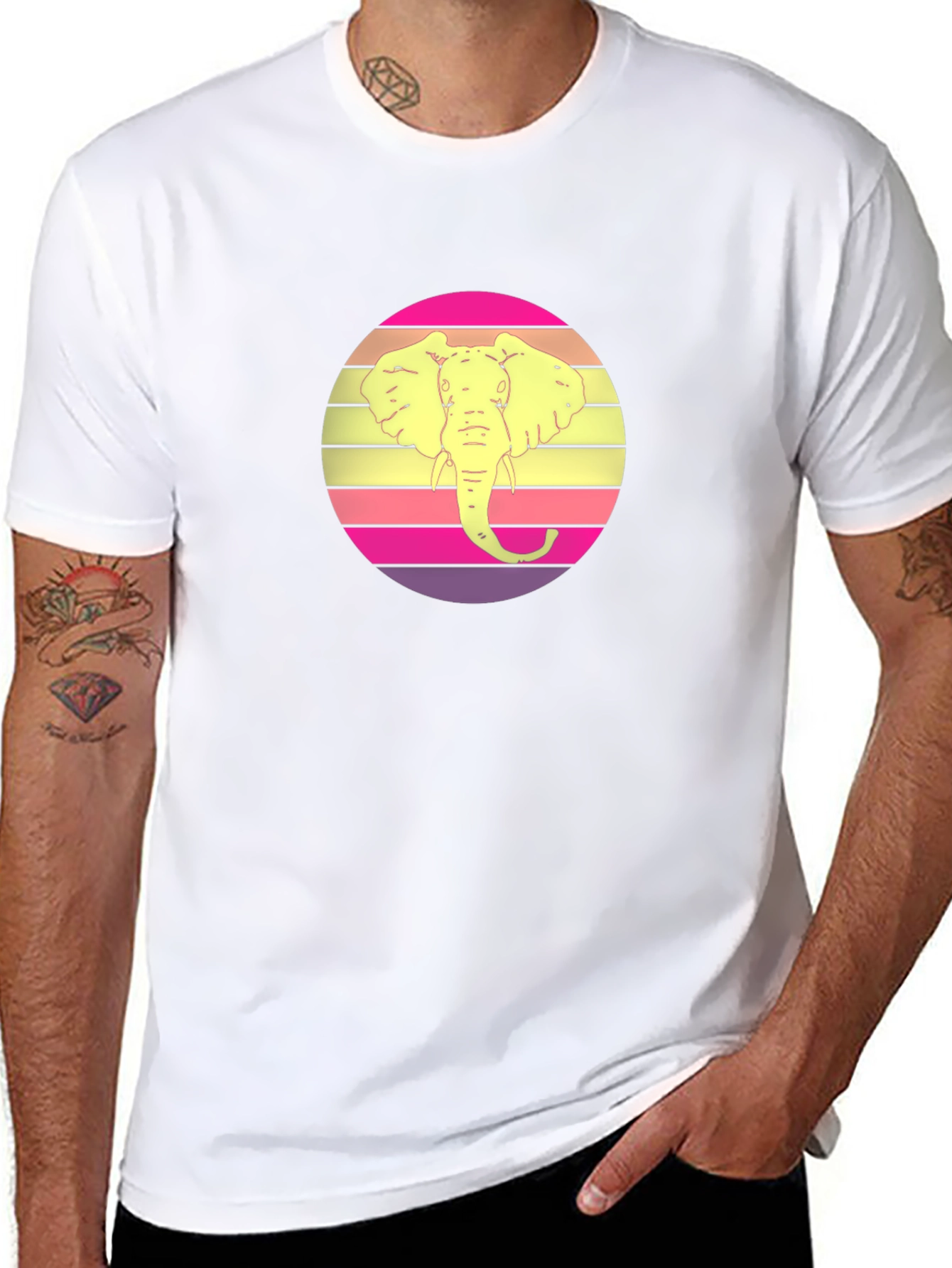 Retro Elephant Sunset Graphic Tee - Black Cotton