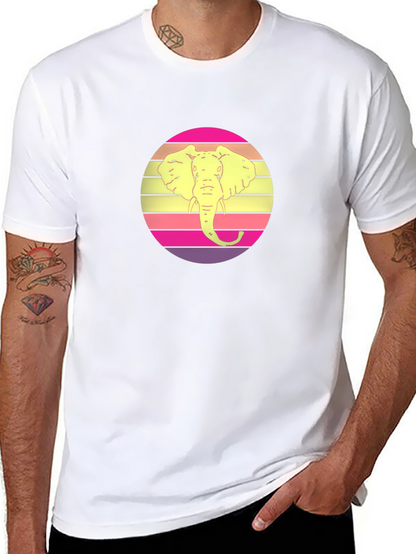 Retro Elephant Sunset Graphic Tee - Black Cotton