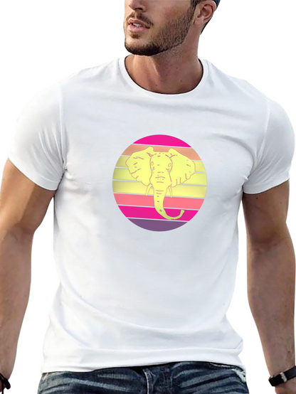 Retro Elephant Sunset Graphic Tee - Black Cotton