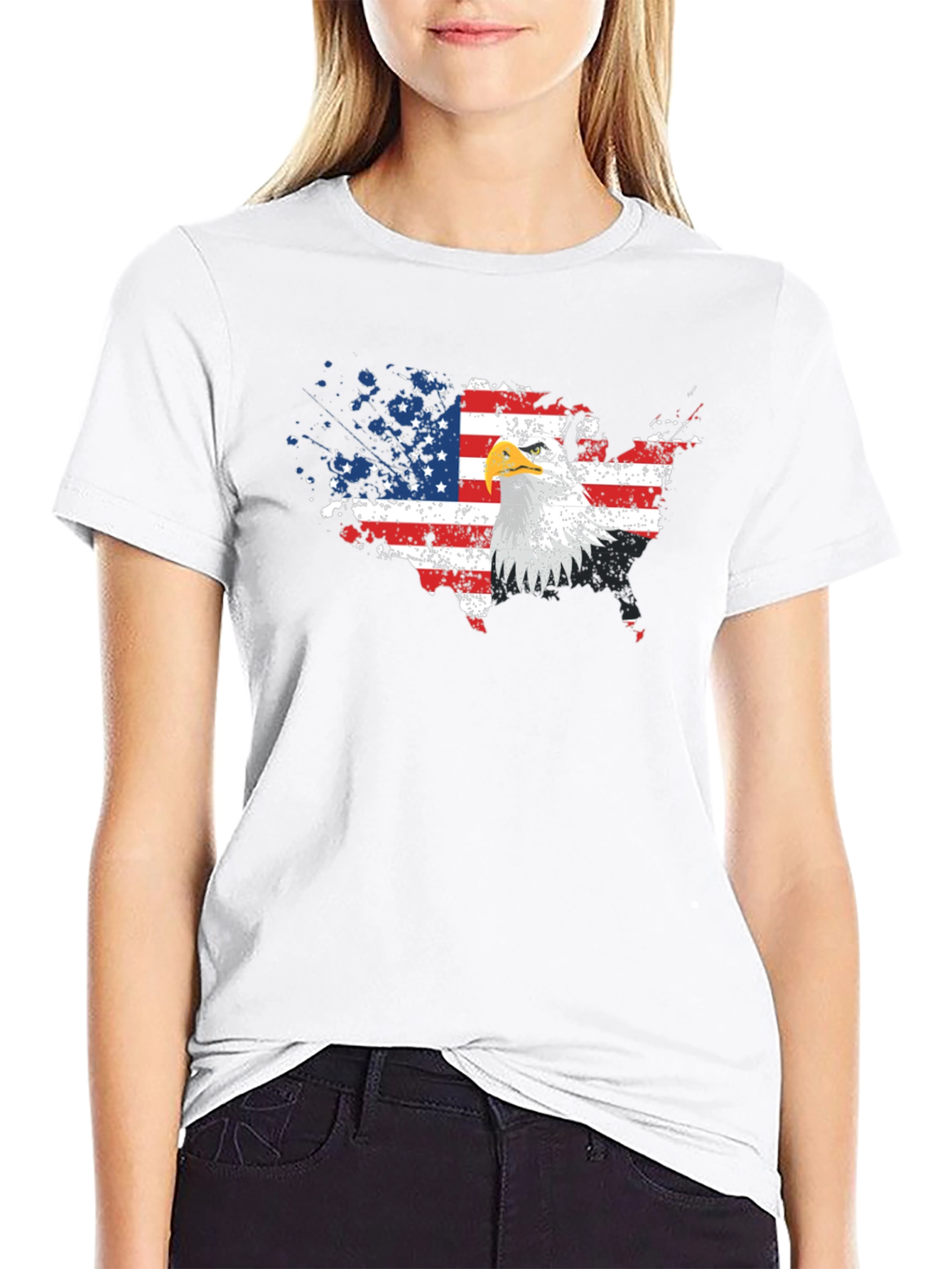 USA Flag Eagle Graphic Print Black T-Shirt
