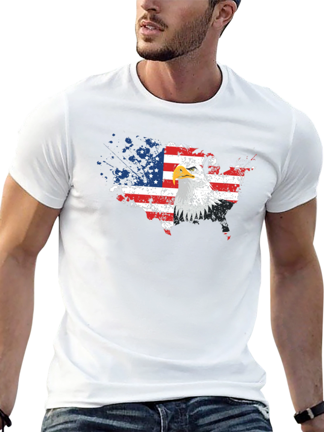 USA Flag Eagle Graphic Print Black T-Shirt