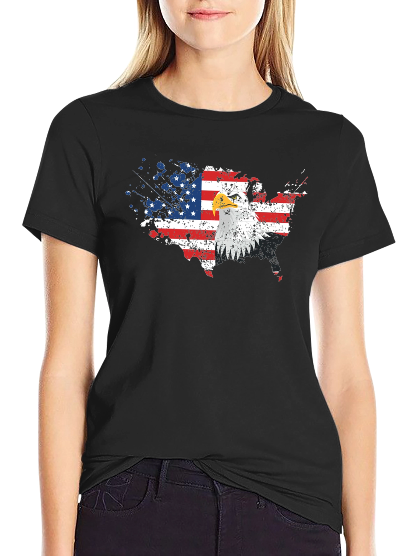 USA Flag Eagle Graphic Print Black T-Shirt