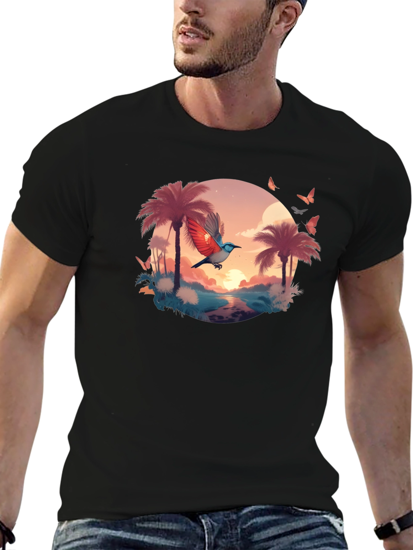 Tropical Bird Graphic Tee - Black