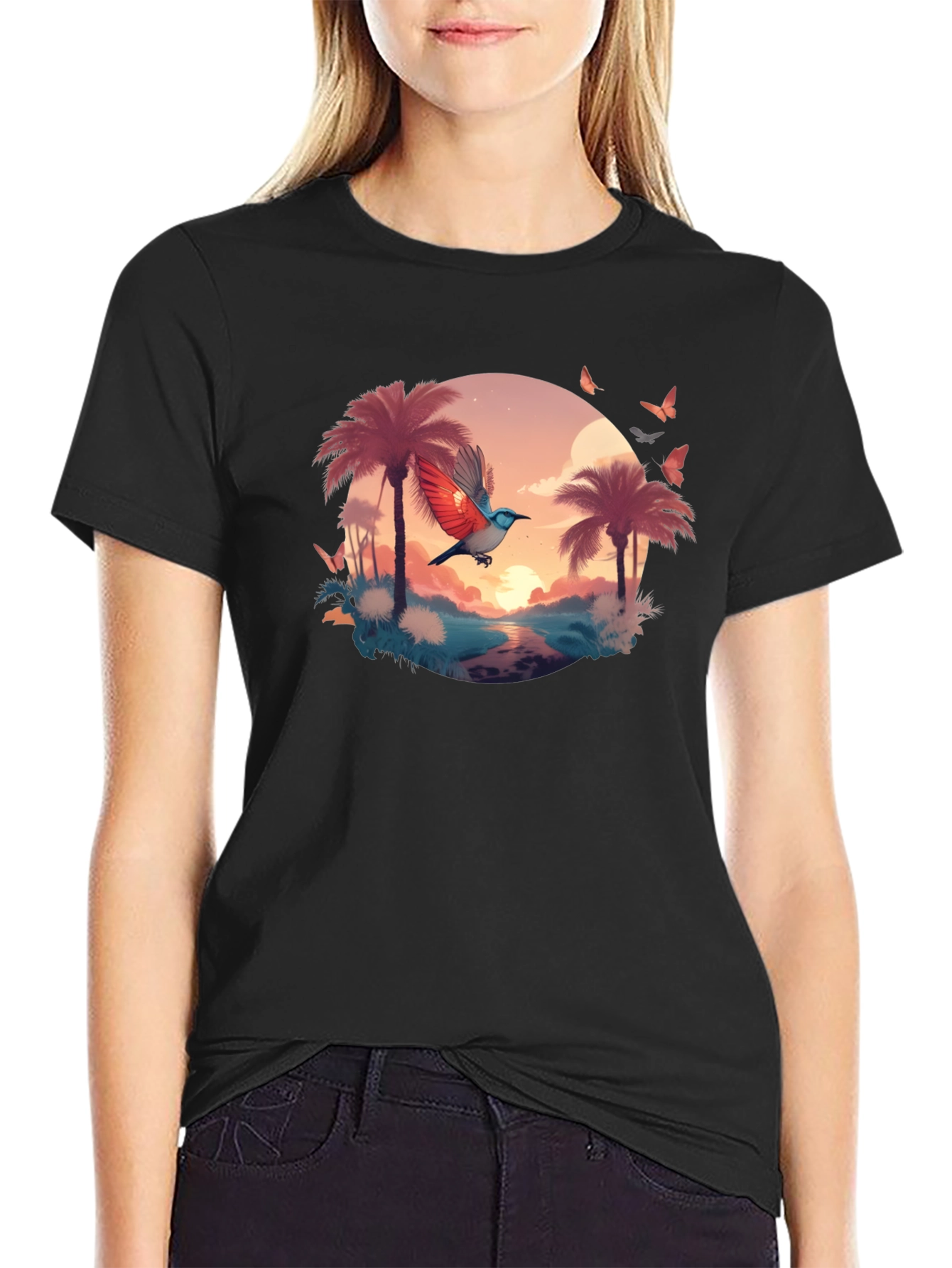 Tropical Bird Graphic Tee - Black